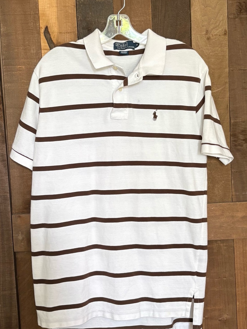Vintage Ralph Lauren Men’s Classic Polo Shirt - White with Brown Stripes